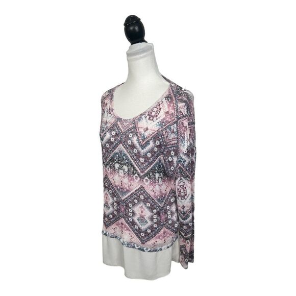 Kiara Multicolor Blouse Size L Chiffon Knit Overlay Aztec Print Long Sleeves Top - Picture 3 of 10